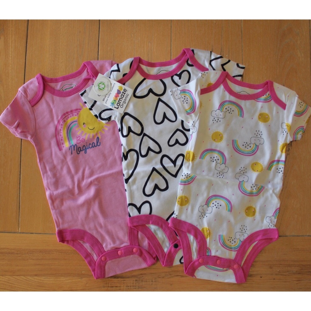 Lamaze 100% Organic Cotton Snap Button Onesies 6 Months 12 Months Rainbows Print